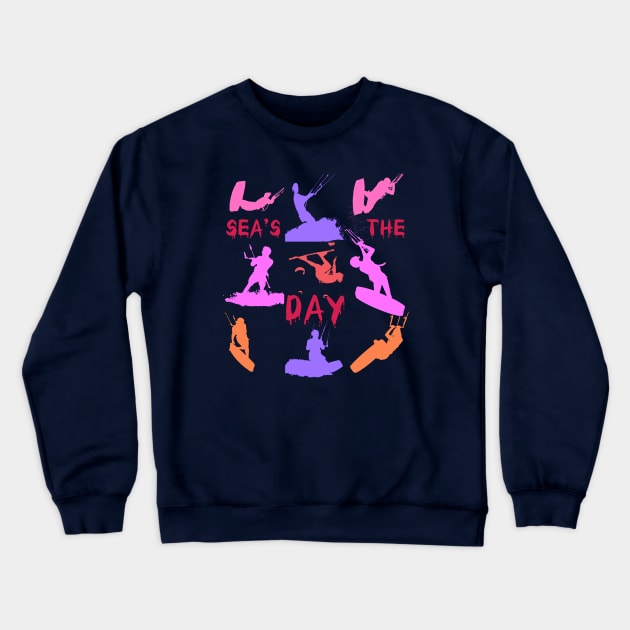 Kitesurfer Silhouette Pattern With Seas The Day Quote Crewneck Sweatshirt by taiche